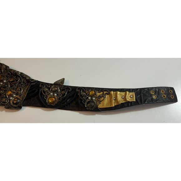 80s Nina Arjani Medium Leatherock Belt Rhinestones & Pearls Leather - Picture 4 of 10